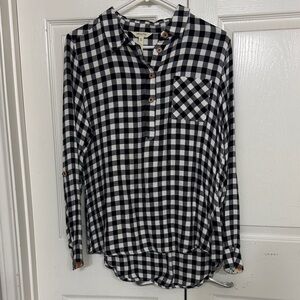 Matilda Jane Joanna Gaines Flannel Black and White Plaid Shirt Floral Cuff Sz M